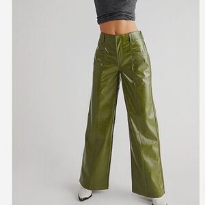 Free People Green Pesto Star Crossed‎ Lovers Faux Leather Wide Leg Pants NWOT 2